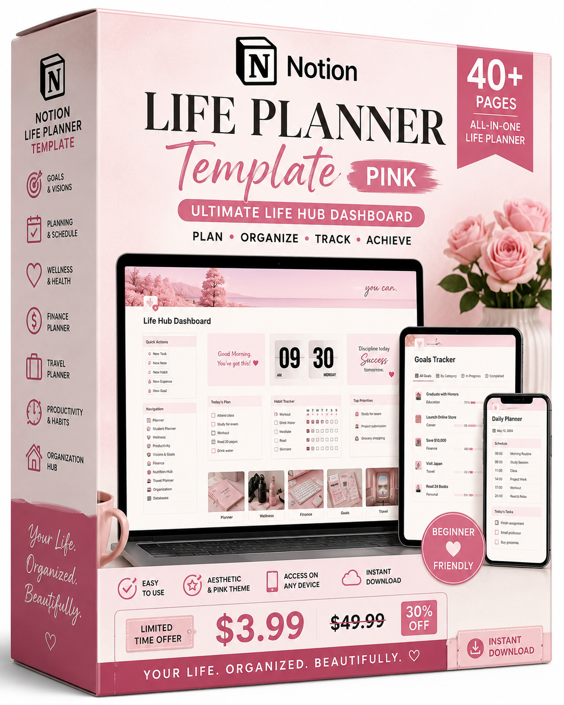 Notion Life Planner Template Pink – Ultimate Life Hub Dashboard for ADHD, Students & Productivity